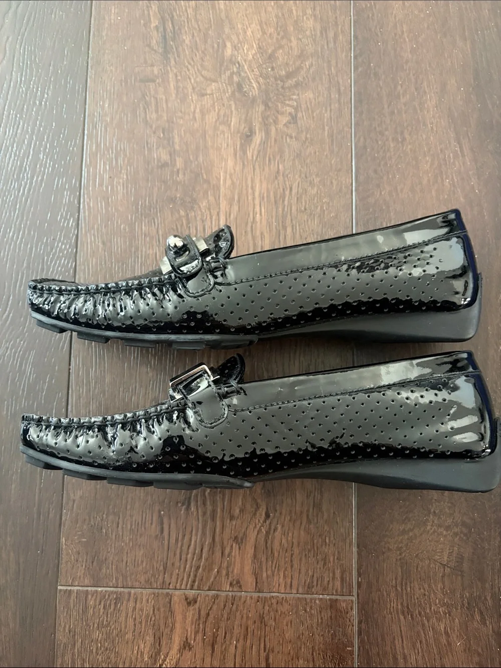 Stuart Weitzman Black Patent Perforated Bit Loafers
